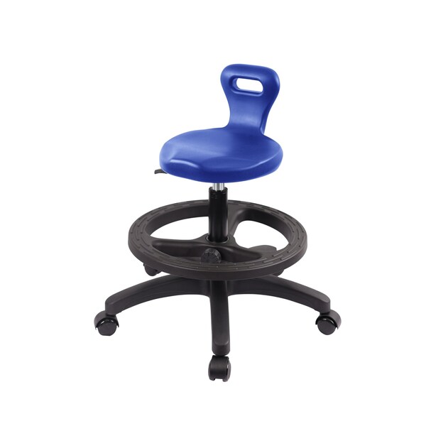Blue Ridge Ergonomics Polyurethane Serpent Stool - Medium Bench Height with Black Foot Ring & Casters in Blue Polyurethane PSPMBSL-RG-BF-RC-BLU - main