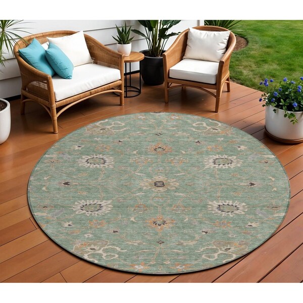 Homeroots 8' Artichoke Green Ivory And Coral Round Floral Washable Indoor Outdoor Area Rug 604763 - main