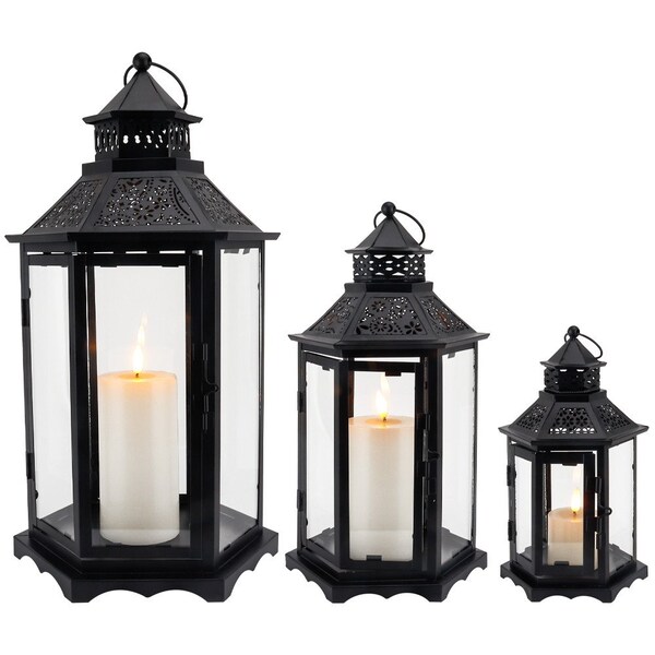 Homeroots Set of Three Clear And Black Glass And Metal Floor Lantern Candle Holders, 3PK 719767 - main