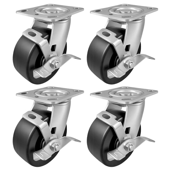 Hyw Products Heavy Duty Caster Set 5in Plastic Wheels, 4 Swivel with Brake, 4PK 40-50S-A1-HP-TB-4 - main