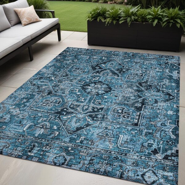 Homeroots 5' X 8' Denim and Gray Oriental Washable Non Skid Indoor Outdoor Area Rug 563749 - main