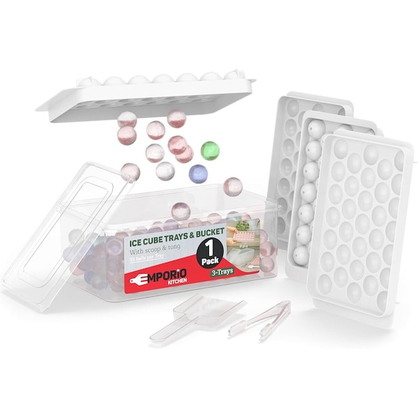 Emporio Kitchen Round Ice Cube Tray Set Pack of 1, BPA-Free, 33 Ice Balls per Tray, Lid & Tongs, White EMPICES31WH - main