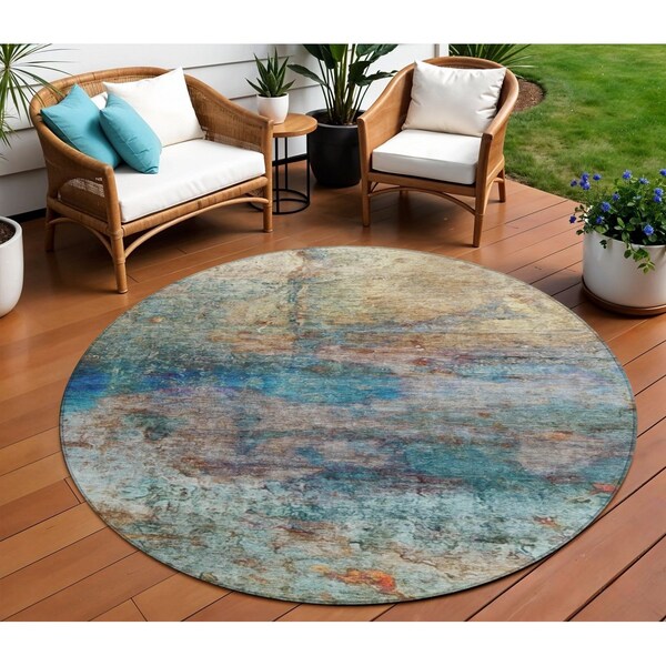 Homeroots 8' Teal Blue Orange And Beige Round Abstract Washable Indoor Outdoor Area Rug 631457 - main