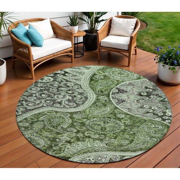 Homeroots 8' Olive Green Charcoal And Gray Round Floral Medallion Washable Indoor Outdoor Area Rug 603187 - main