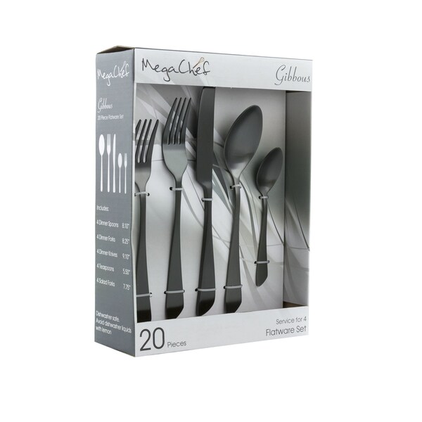 Megachef Gibbous 20 Piece Flatware Utensil Set, Stainless Steel Service for 4 in Black MCFW-GIBBOUS-BLACK - main