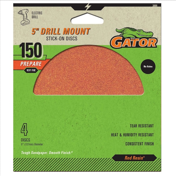 Gator Finishing Red Resin 5 in. Drill Mount Stick-On Sanding Discs, 150 Grit, Very Fine, 4PK 3000 - main