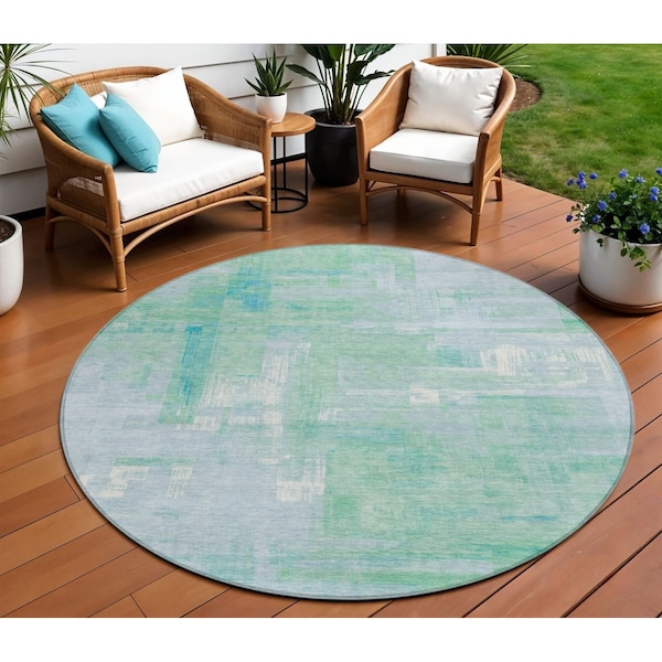 Homeroots 8' Sky Blue And Blue Round Abstract Washable Indoor Outdoor Area Rug 609222 - main
