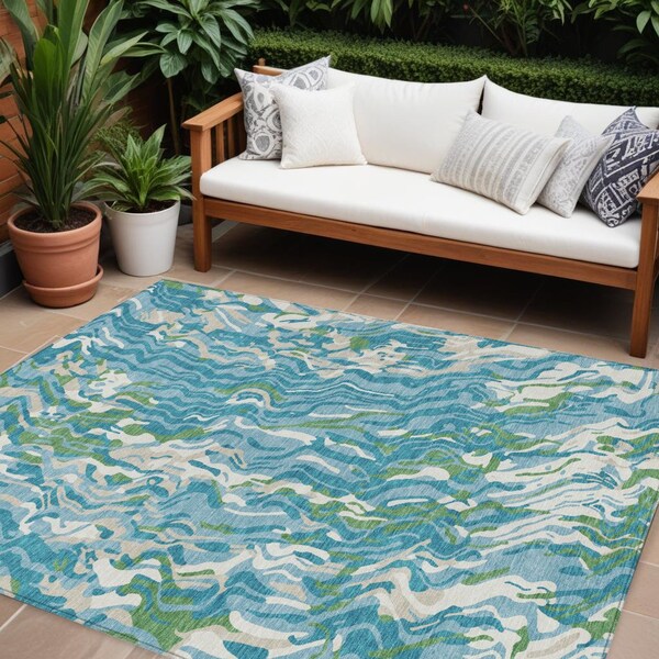 Homeroots 10' X 14' Teal Blue Ivory And Green Abstract Washable Indoor Outdoor Area Rug 600323 - main