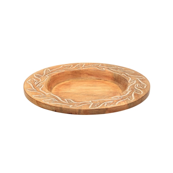 Homeroots 13" Brown Solid Wood Floral Handmade Round Charger Plate 633184 - main