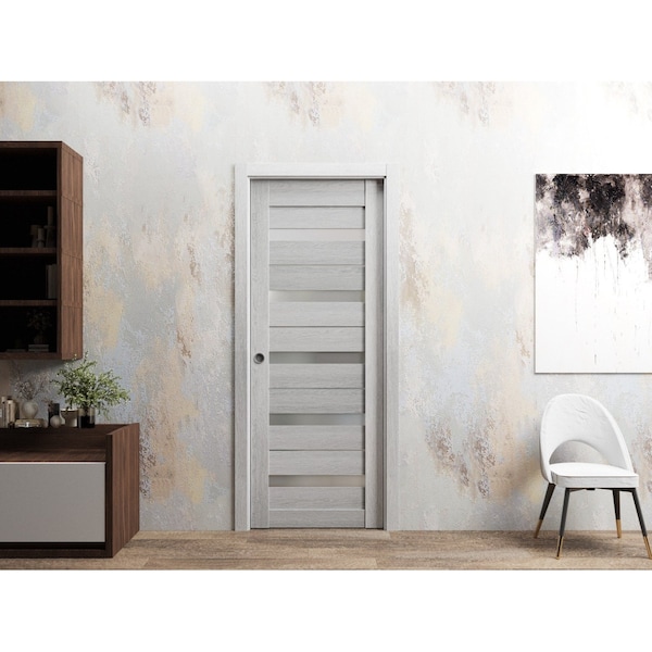 Sartodoors Sliding French Pocket Door 18 x 80in, Light Grey Oak W/ Frosted Glass, Kit Trims Rail Hardware QUADRO4445PD-OAK-18 - main