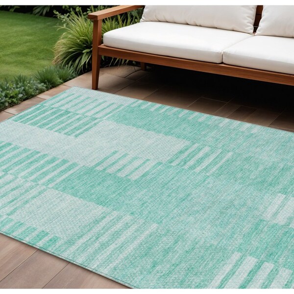 Homeroots 9' X 12' Teal Blue Aqua And Ivory Striped Washable Indoor Outdoor Area Rug 581681 - main