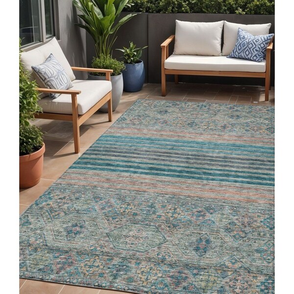 Homeroots 5' X 8' Teal Blue Salmon And Beige Medallion Washable Indoor Outdoor Area Rug 615915 - main