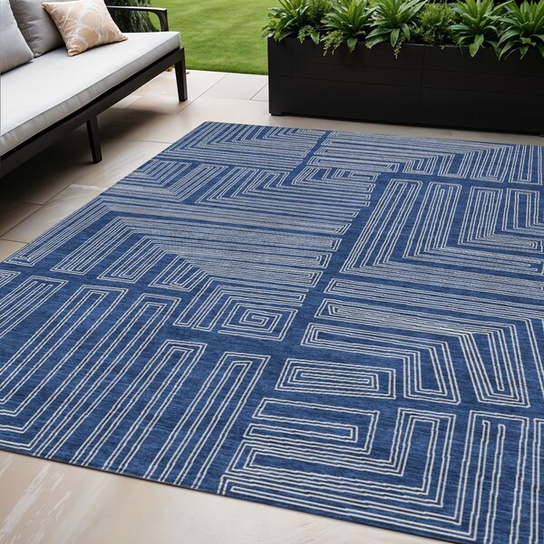 Homeroots 5' X 8' Navy Blue And Ivory Geometric Washable Indoor Outdoor Area Rug 600841 - main