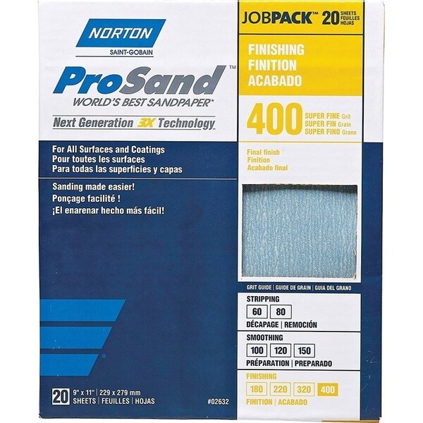 Norton Co ProSand 07660768165 Sanding Sheet, 11 in L, 9 in W, Super Fine, 400 Grit, Aluminum Oxide Abrasive 2632 - main