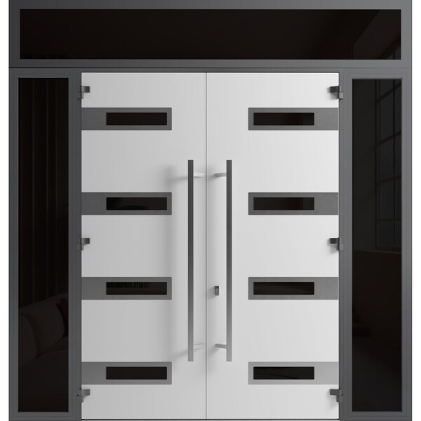 Vdomdoors Front Exterior Prehung Aluminum Double Doors Ronex0131 Black Enamel 2 Sidelights and Top Transom RONEX0131DEXD-BLK-W14+72+14xH96+16-LH-I - main