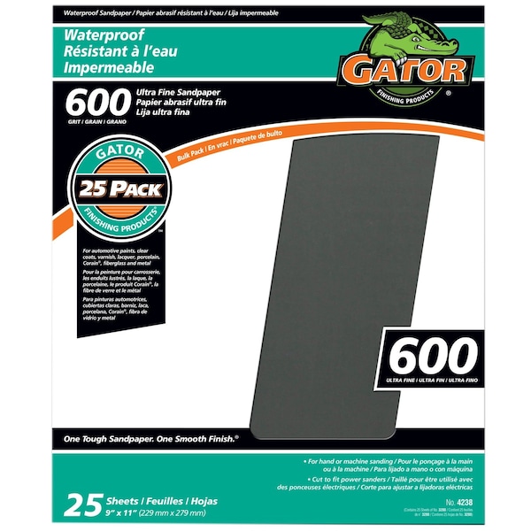 Gator Finishing 9 x 11 in Waterproof Sandpaper, 600 Grit, Ultra Fine, 25PK 4238 - main