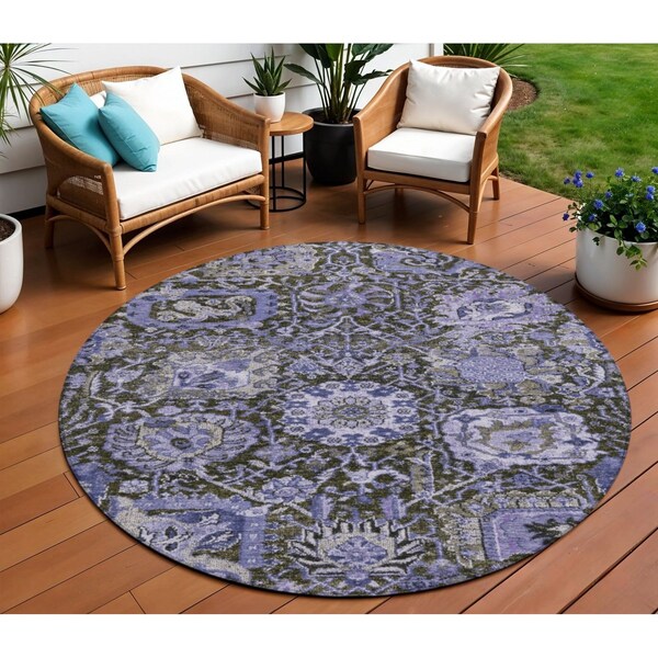 Homeroots 8' Purple And Black Round Damask Washable Indoor Outdoor Area Rug 609102 - main