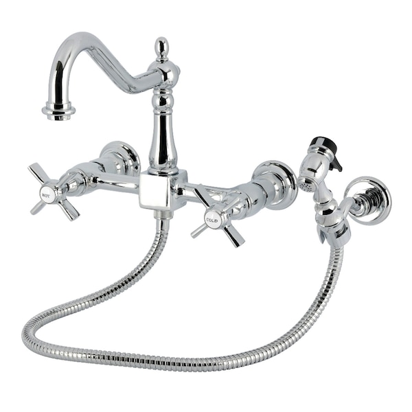 Kingston Brass Two-Handle Wall Mount Bridge Kitchen Faucet with Brass Sprayer, Polished Chrome KS1241ZXBS - main