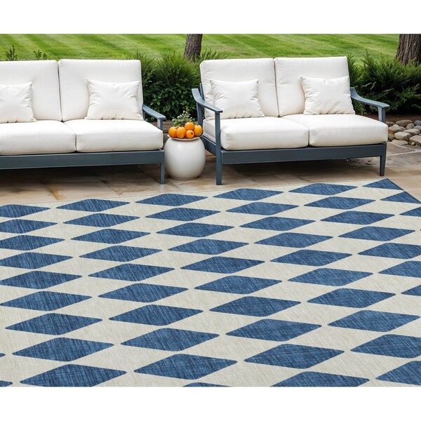 Homeroots 9' X 12' Navy Blue And Ivory Geometric Washable Indoor Outdoor Area Rug 577071 - main