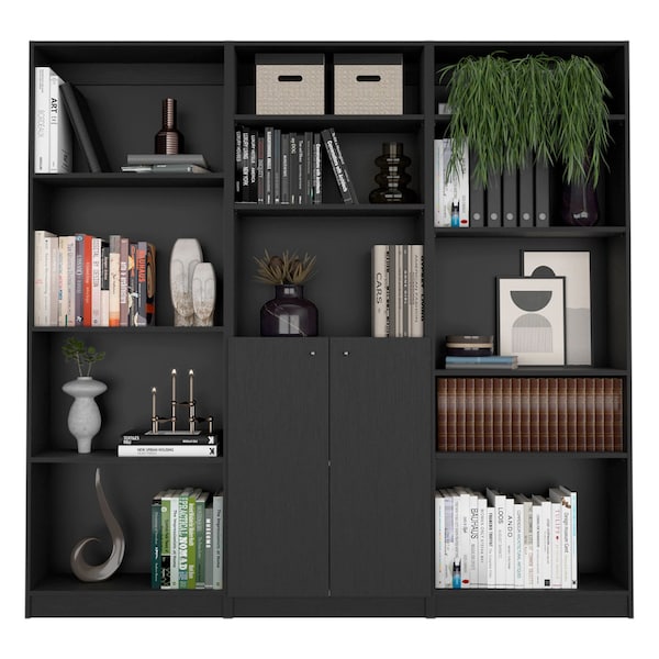 Homeroots 71" Black Five Tier Bookcase with Two doors 546342 - main