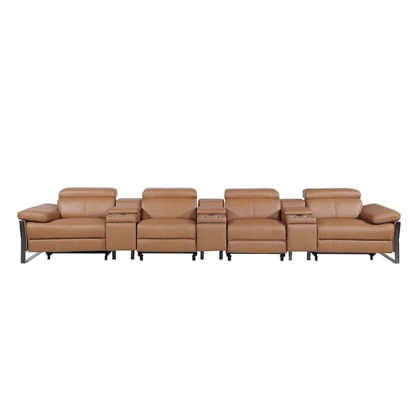 Homeroots 169" Chestnut Top Grain Leather Reclining Metal USB Sofa 720353 - main