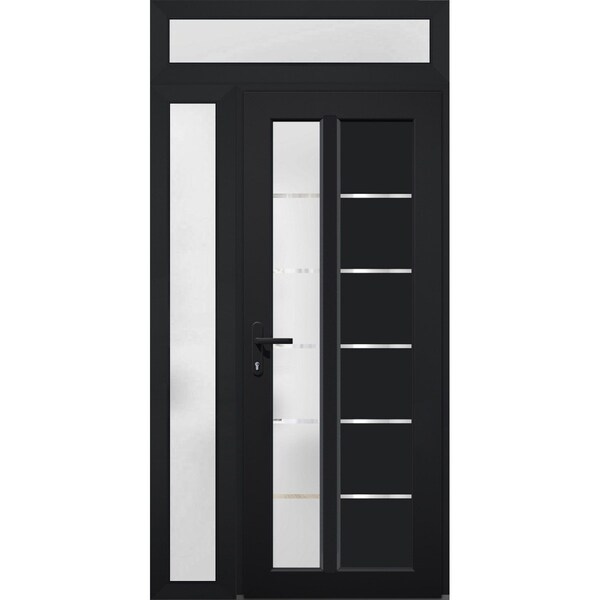 Vdomdoors Front Exterior Prehung FiberGlass Door Frosted Glass / Manux 8088 Matte Black / Sidelight and Trans MANUX8088EXD-BLK-W36+16 x H80+14-RH - main