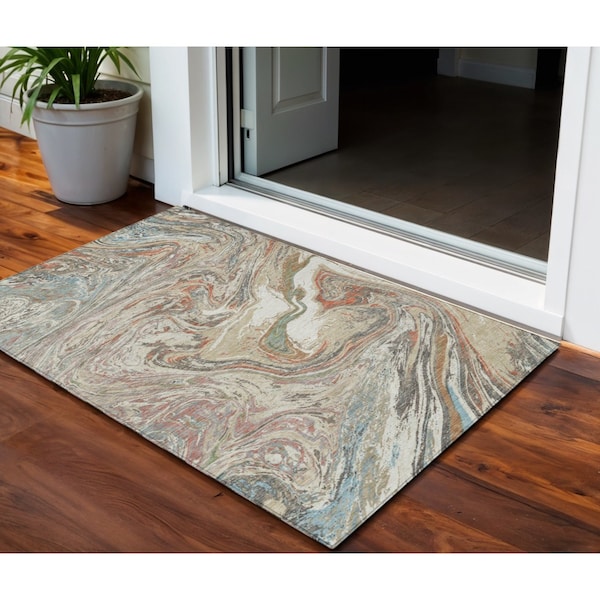 Homeroots 3' X 5' Beige Pink And Blue Abstract Washable Indoor Outdoor Area Rug 602611 - main
