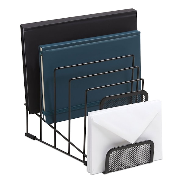 Tru Red Metal Incline Sorter with Wire Mesh Mobile Device Holder, 6 Sections, Matte Black TR57561-CC - main
