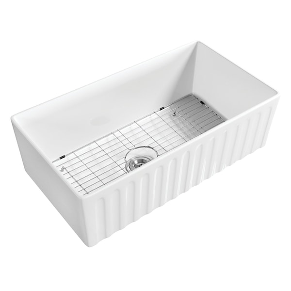 Kingston Brass 33-Inch Ceramic Apron-Front Single Bowl Farmhouse Kitchen Sink with Bottom Grid and Strainer GPKF331810 - main