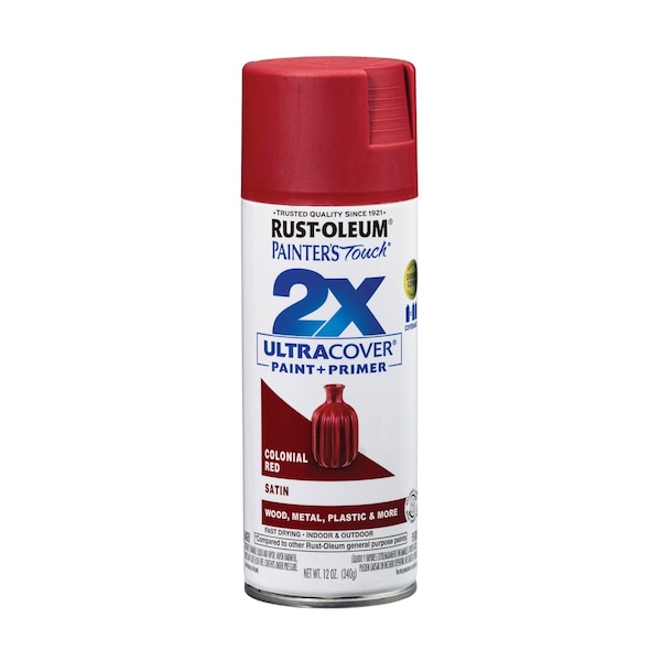 Rust-Oleum Painter's Touch 2X Ultra Cover Spray Paint, Colonial Red, Satin, Solvent, 12 oz 334063 - main