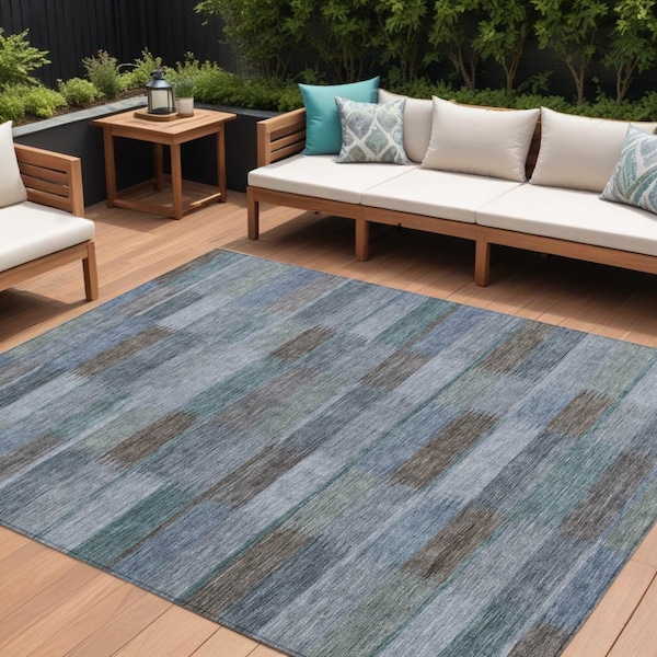 Homeroots 9' X 12' Blue Denim Blue And Brown Striped Washable Indoor Outdoor Area Rug 615480 - main