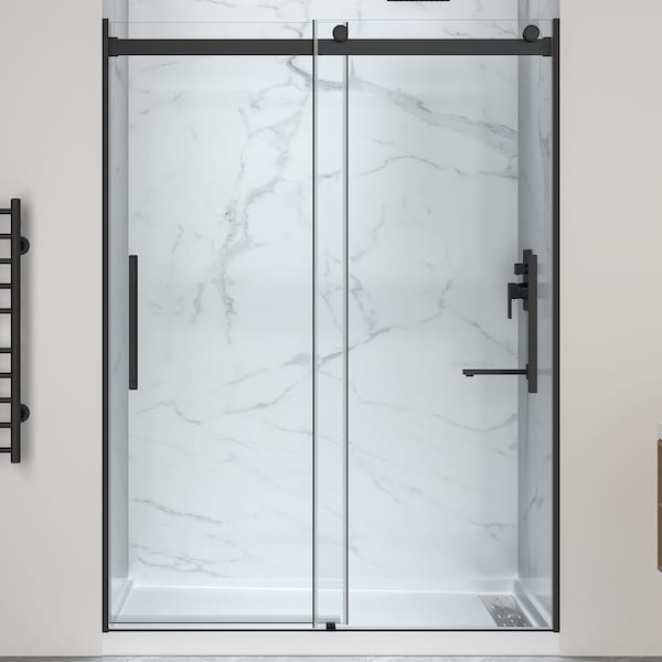 Anzzi 76'' x 57-60'' Sliding Frameless Shower Door in Matte Black with Alcove Right Drain Shower Base SD-5902302R-MB - main
