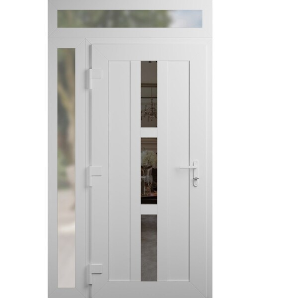 Vdomdoors Front Exterior Prehung Metal-Plastic Door, Manux 8112 White Silk, Side and Top Sidelite Transom, Of MANUX8112EXD-WS-W36+12xH80+14-RH - main