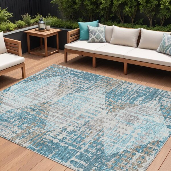 Homeroots 8' X 10' Teal Blue And Beige Geometric Washable Indoor Outdoor Area Rug 632014 - main