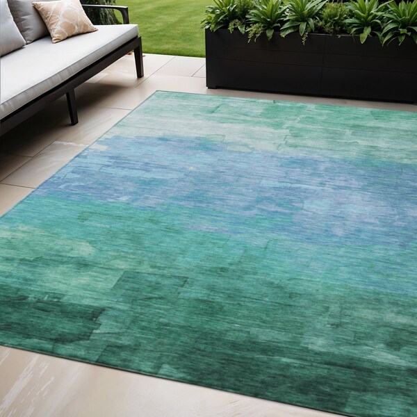 Homeroots 5' X 8' Teal Blue And Aqua Striped Washable Indoor Outdoor Area Rug 610908 - main