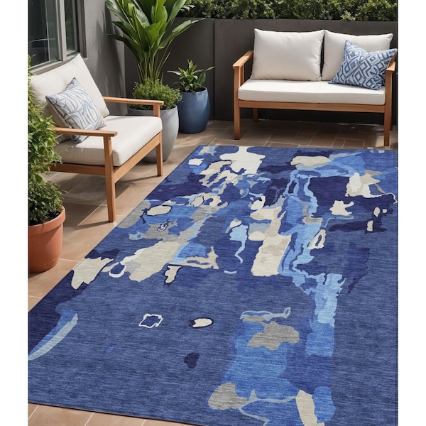 Homeroots 5' X 8' Navy Blue Ivory And Gray Abstract Washable Indoor Outdoor Area Rug 599587 - main