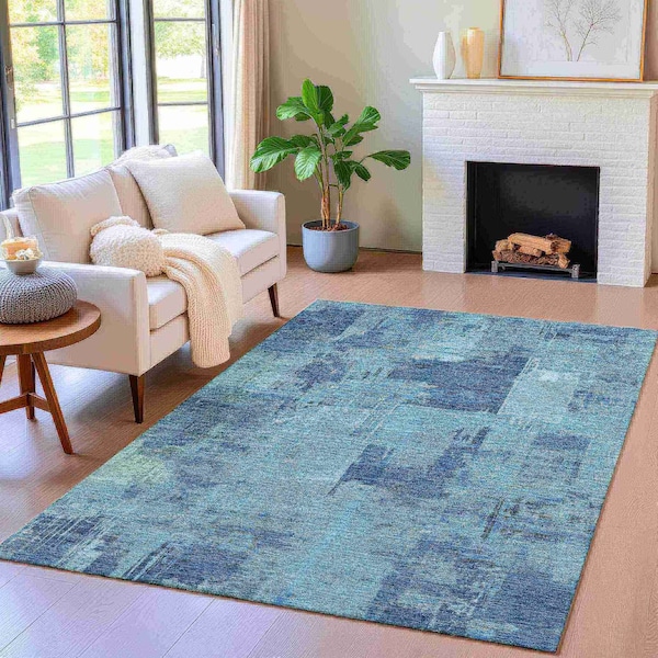 Homeroots 5' X 8' Blue And Ivory Abstract Washable Indoor Outdoor Area Rug 630766 - main