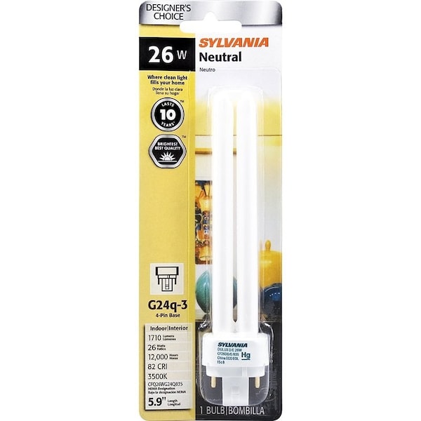 Sylvania Compact Fluorescent Bulb, 26 W, T12 Lamp, G24Q-3 Lamp Base, 989 Lumens, 3500 K Color Temp, White 20644 - main