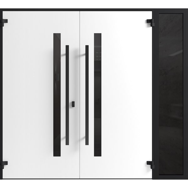 Vdomdoors Front Exterior Prehung Aluminum Double Doors Ronex0144 Grey 1 Sidelight Mirrored Clear Glass Entry RONEX0144DEXD-GRE-W72+12xH80-LH-O - main