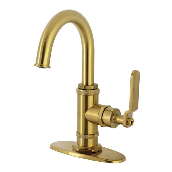 Kingston Brass One-Handle Single-Hole Bathroom Faucet with Deck Plate and Push Pop-Up Drain, Brushed Brass KSD2217KL - main