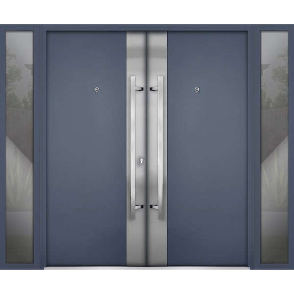 Vdomdoors Steel Double Doors Deux 0729 Gray Graphite 2 Sidelight Exterior Windows Stainless Inserts Single Mo DEUX0729DEXD-GRE-RH-W16+72+16 x H80 - main