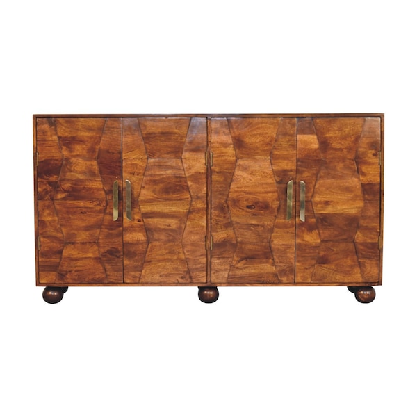 Homeroots 36in Chestnut Solid Wood Carved Geometric Accent Cabinet With Four Doors 654278 - main
