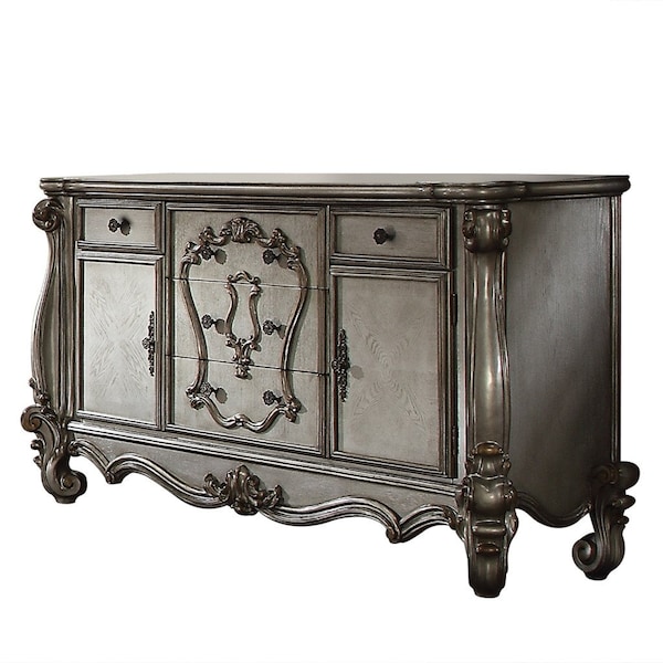 Homeroots 70" Platinum Carved Scrollwork Wood And Polyresin Five Drawer Triple Dresser 490476 - main