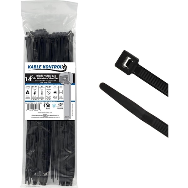 Kable Kontrol Cold Weather Cable Zip Ties, 14 in L, 4 in Max Bundle Dia., Black, Nylon 6-6 - UV Resistant, 100 PK CTCW-14-50-100-BK - main