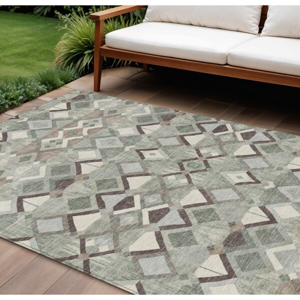 Homeroots 9' X 12' Sage And Off White Geometric Washable Indoor Outdoor Area Rug 608997 - main