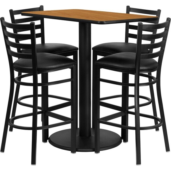 Flash Furniture Rectangle Ntrl Bar Tble, Rctngl w/Rnd Base, Blk Seat, Laminate Top, Wood Grain RSRB1019-GG - main