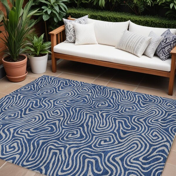 Homeroots 9' X 12' Navy Blue And Gray Abstract Washable Indoor Outdoor Area Rug 599824 - main