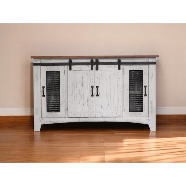 Homeroots 60" White Solid Wood Cabinet Enclosed Storage Distressed TV Stand 528705 - main