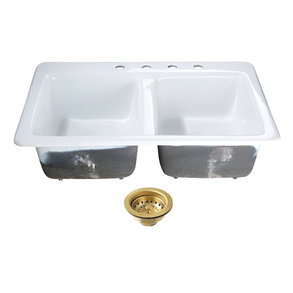 Kingston Brass 33-Inch Cast Iron Self-Rimming Double Bowl Drop-In Kitchen Sink, 4-Hole with Basket Strainers x 2 KGT33229D47 - main