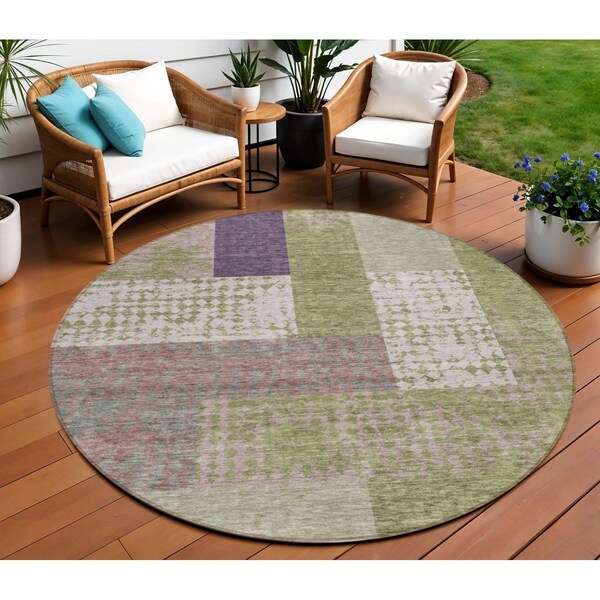 Homeroots 8' Green Purple And Pink Round Geometric Washable Indoor Outdoor Area Rug 612414 - main